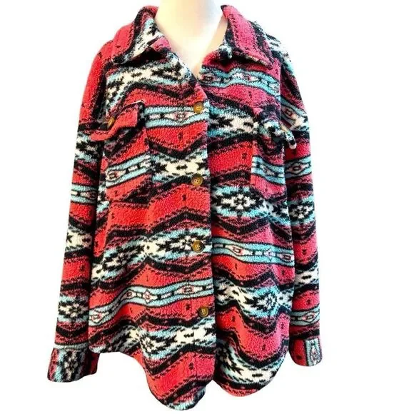 SHEIN Aztec Sherpa Shacket Pink Button Down Jacket L - Picture 2 of 4